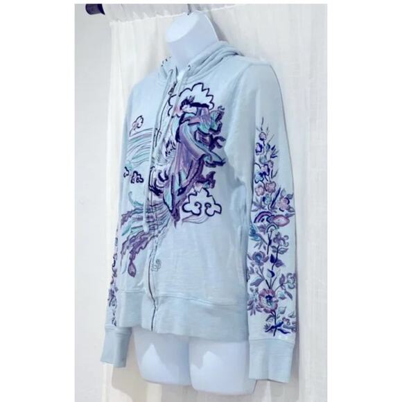 Y2K Lucky Geisha Girl Asian Sweatshirt Hood Zip Up Jacket Embroidered Blue VTG - Picture 1 of 14